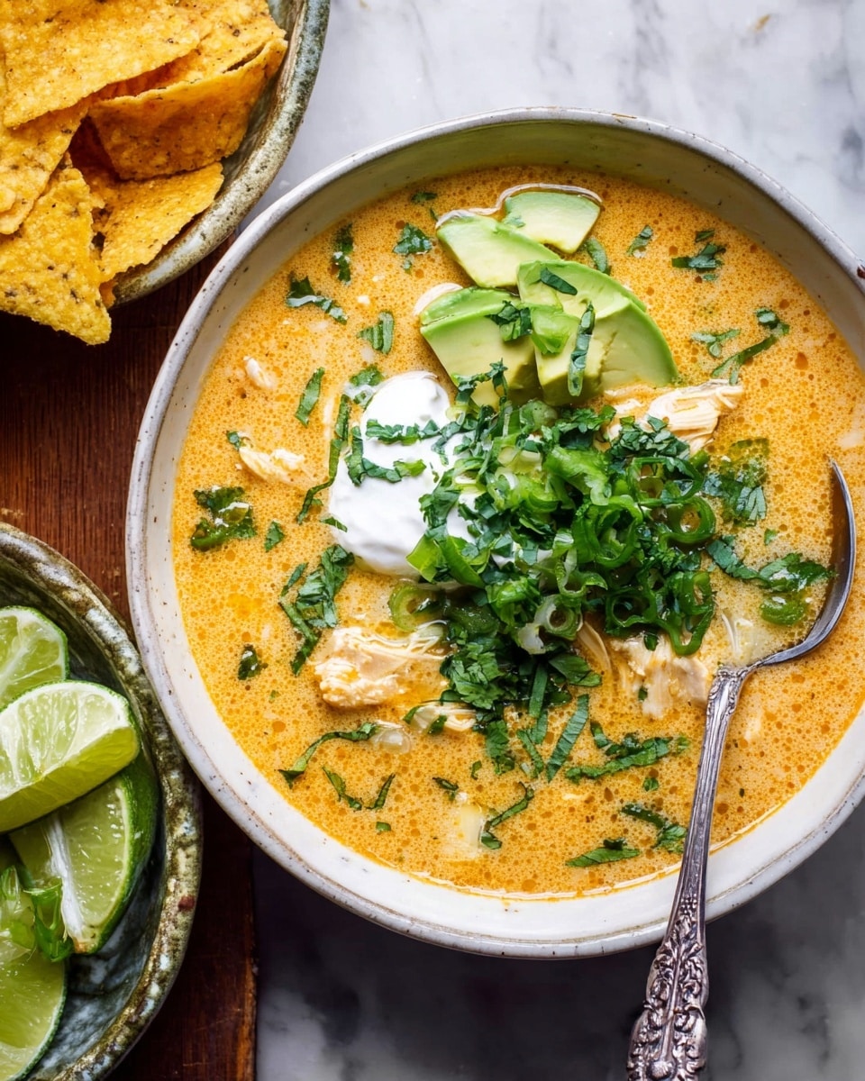 A white bowl with two small handles is filled with a creamy light green soup. On top, there are a few slices of bright green avocado arranged in a small stack near the middle. To the left, two yellow tortilla chips are standing upright inside the soup. There is a thin slice of lime placed on the upper edge of the bowl. Thin white cream lines are drizzled across the soup’s surface, along with small chopped green herbs scattered around. A few thin slices of pink radish are partially visible near the tortilla chips. The bowl rests on a wooden surface with an orange cloth nearby. photo taken with an iphone --ar 4:5 --v 7