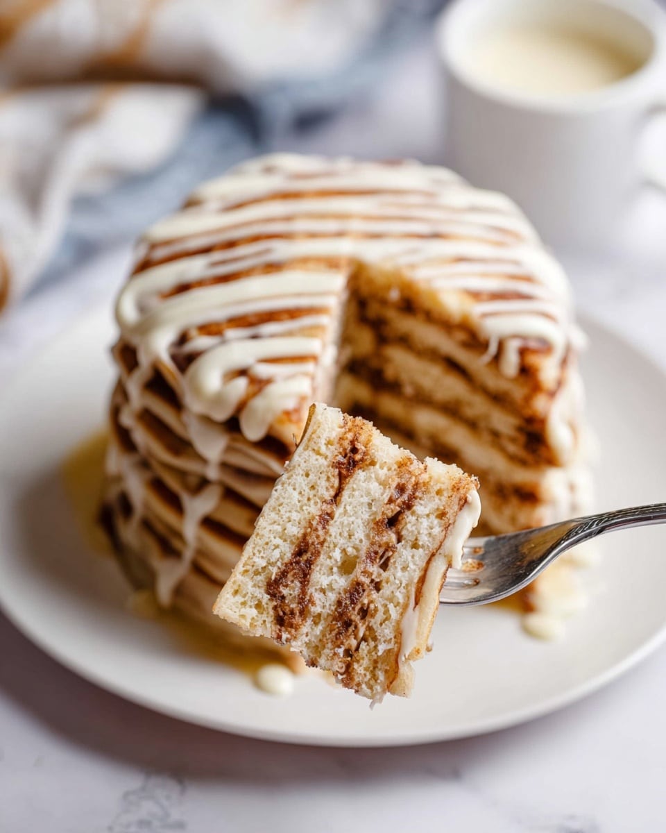 A stack of fluffy light brown pancakes layered with creamy cinnamon filling, showing about six layers with the filling spread evenly between each one. The top is decorated with white icing drizzled in thin lines across the stack. A silver fork holds a bite showing the soft texture and layers clearly. The pancakes are on a white plate set on a white marbled surface, with a small white cup of white sauce blurred in the background. Photo taken with an iphone --ar 4:5 --v 7