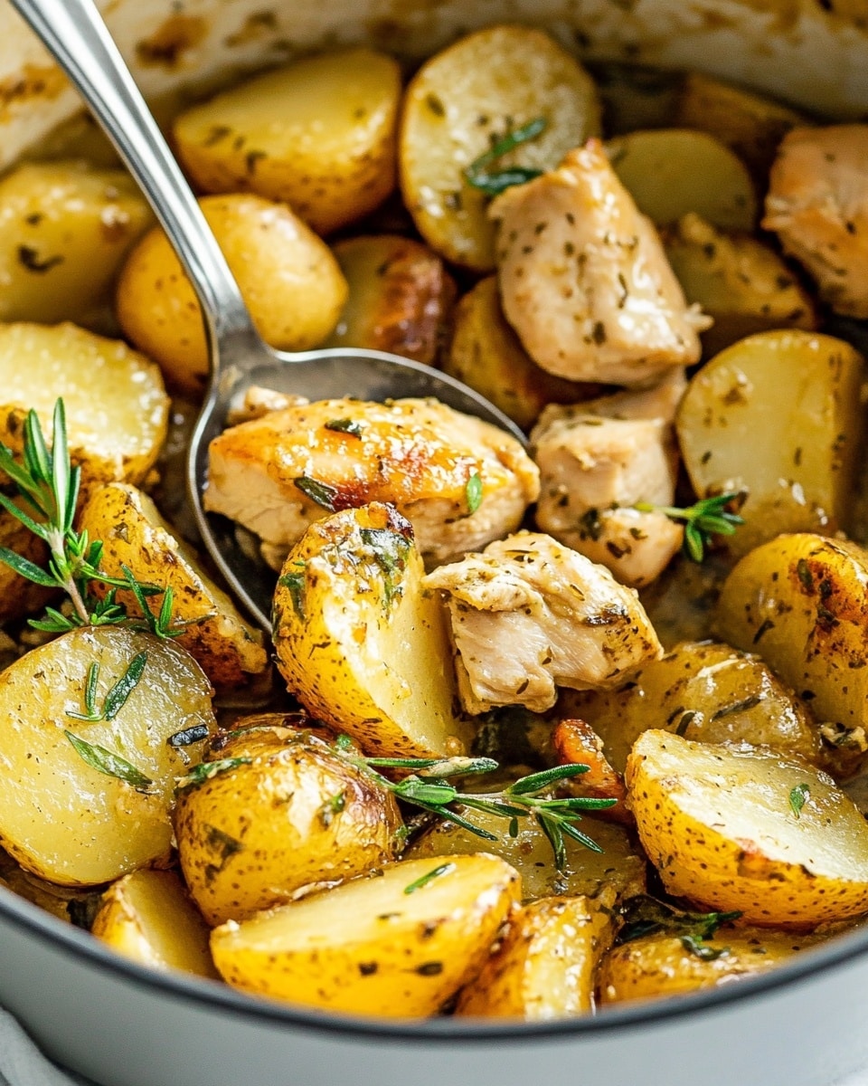 A white wide pan filled with two main layers: the bottom layer is made of several small golden-yellow potato halves with a roasted texture, showing some browned edges; the top layer consists of small pieces of light brown cooked chicken mixed among the potatoes, sprinkled with fresh green herb leaves scattered on top. On the right side of the pan, two thin lemon slices are placed next to the food. A silver spoon rests inside the pan on the right side, and the pan is set on a white and blue striped cloth over a white marbled surface. Photo taken with an iphone --ar 4:5 --v 6.1