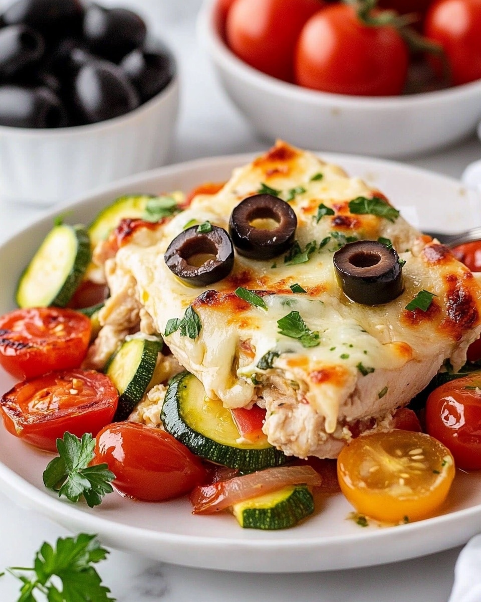 The dish is arranged on a white plate with a layer of light brown grilled chicken at the bottom, topped by a layer of sliced green zucchini and bright red cherry tomatoes. On top of the vegetables, there is a layer of melted white cheese, slightly browned in spots, with scattered black olives and small green parsley leaves for garnish. In the background, there are white bowls filled with black olives and halved red cherry tomatoes placed on a white marbled surface. Photo taken with an iphone --ar 4:5 --v 6.1