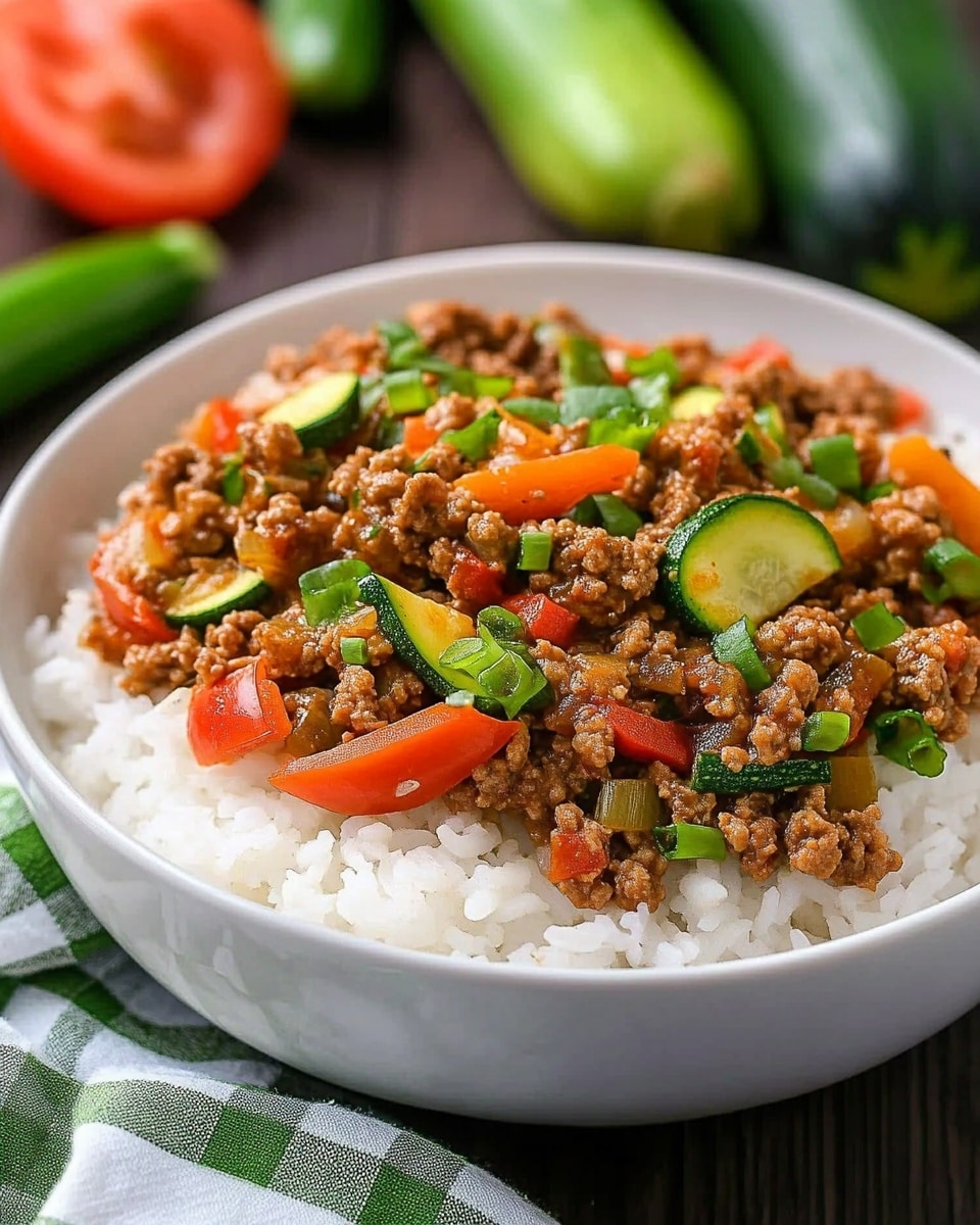 A white bowl filled with two layers: the bottom layer is soft white rice with a fluffy texture, and the top layer is a colorful mix of cooked ground meat, sliced green zucchini, small red bell pepper pieces, and chopped green onions sprinkled on top. The bowl is on a dark wooden surface with some fresh vegetables blurred in the background, and a green and white checkered cloth lies next to the bowl. photo taken with an iphone --ar 4:5 --v 6.1