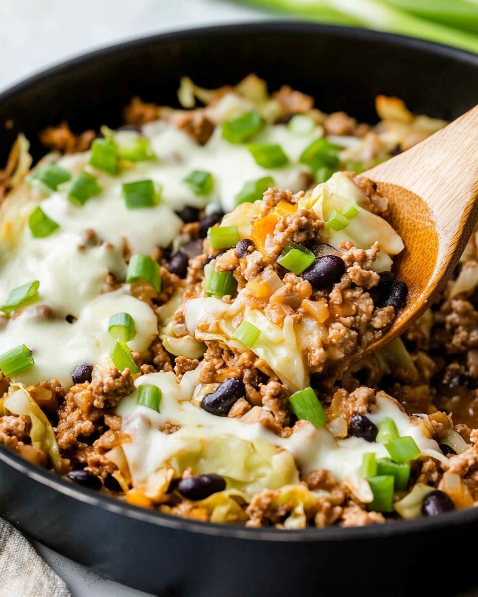The image shows a black pan filled with a mix of cooked ground meat, light green cabbage pieces, and black beans, all mixed together with melted white cheese on top. Small green onion slices are sprinkled over the dish. A wooden spoon is lifting a portion of the mixture, showing the soft texture of the cabbage and meat blend. The background has a white marbled texture, and there is a blurred arrangement of green onions in the corner. Photo taken with an iphone --ar 4:5 --v 6.1