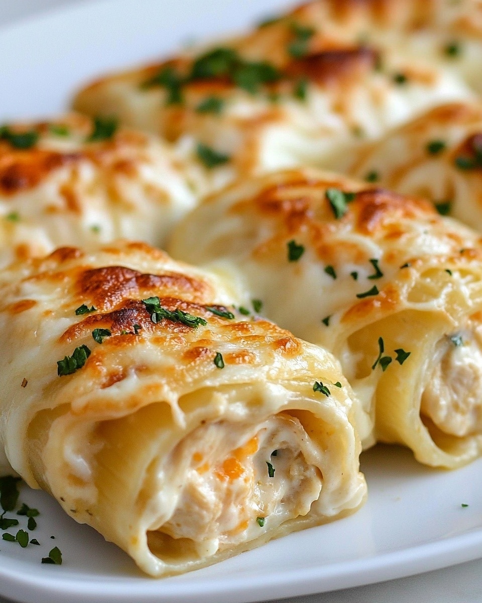 A glass baking dish holds four large cannelloni rolls filled with a creamy mixture, each covered with melted golden-brown cheese on top. The cheese has a slightly bubbly texture with small browned spots, and the dish is sprinkled with finely chopped green herbs. Beneath the rolls, a layer of white creamy sauce pools at the bottom, adding a shiny look. In the blurred background, there is a white plate with a serving of the same dish garnished with green herbs, all placed on a white marbled surface. photo taken with an iphone --ar 4:5 --v 6.1