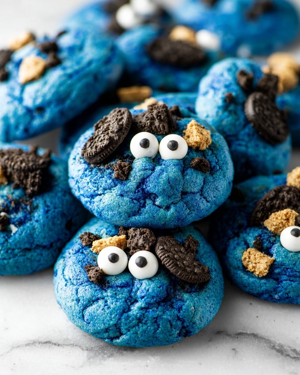 A stack of three thick cookie halves is shown close up on a white marbled surface, with each cookie having three main layers: a dark chocolate sandwich cookie with white cream filling in the middle, surrounded by a bright blue dough embedded with white and dark chocolate chunks. The cookies appear soft and chunky, with rough edges showing texture and the sandwich cookie center fully visible in each piece. The background is clean and white, making the vivid blue color of the dough stand out sharply. Photo taken with an iphone --ar 4:5 --v 7