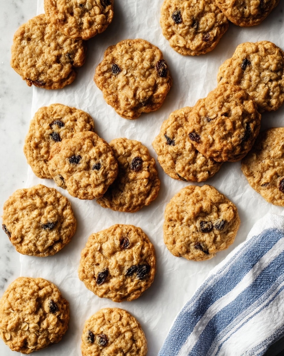 Multiple round oatmeal raisin cookies with a light golden-brown color and textured surface are scattered over white parchment paper on a white marbled surface. The cookies show visible dark raisins embedded throughout their uneven, rough tops. A blue and white striped cloth is placed on the bottom right corner of the surface. Photo taken with an iphone --ar 4:5 --v 7