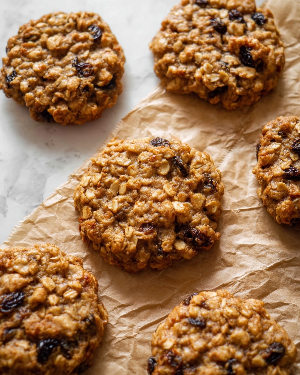 The image shows five oatmeal raisin cookies placed on crinkled brown parchment paper over a white marbled surface. Each cookie is round and thick with a rough, bumpy texture from visible oats and raisins, showing a golden-brown color with darker brown spots where the raisins appear. The cookies are spaced loosely, with some close to the edge of the frame, showcasing their uneven, homemade look. The lighting highlights the chewy texture and the slight shine on the raisins, giving a warm and inviting feel. Photo taken with an iphone --ar 4:5 --v 7