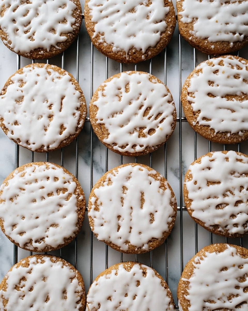 A stack of four round cookies sits on a white marbled surface, each cookie light brown with a rough texture and topped with thin, uneven white icing drizzle. The cookies are stacked closely, showing their slightly crumbly edges. To the right of the stack is a clear, tall glass filled with white milk, with vertical ridges on the glass surface. The overall look is simple and clean, with soft natural lighting. photo taken with an iphone --ar 4:5 --v 7