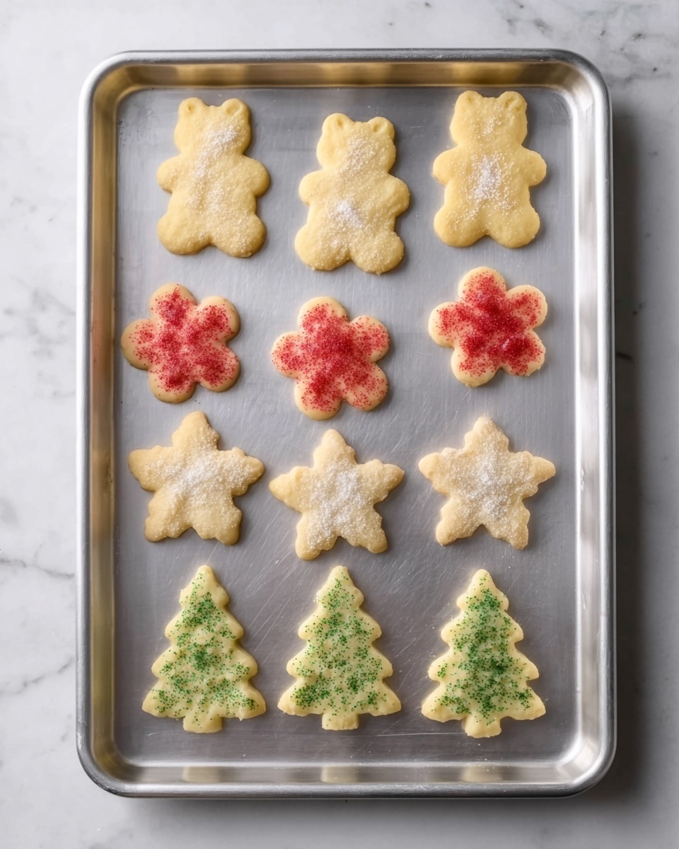 A white bowl lined with crumpled white parchment paper holds many soft yellow shortbread cookies in flower and Christmas tree shapes. The cookies are sprinkled with red, green, white, and golden sugar crystals on top. Around the bowl, there are more cookies scattered on a white marbled surface, with some having red sugar, some green sugar, and others white or golden sugar, adding a festive look. A white towel with red stripes is partly visible near the cookies. photo taken with an iphone --ar 4:5 --v 7