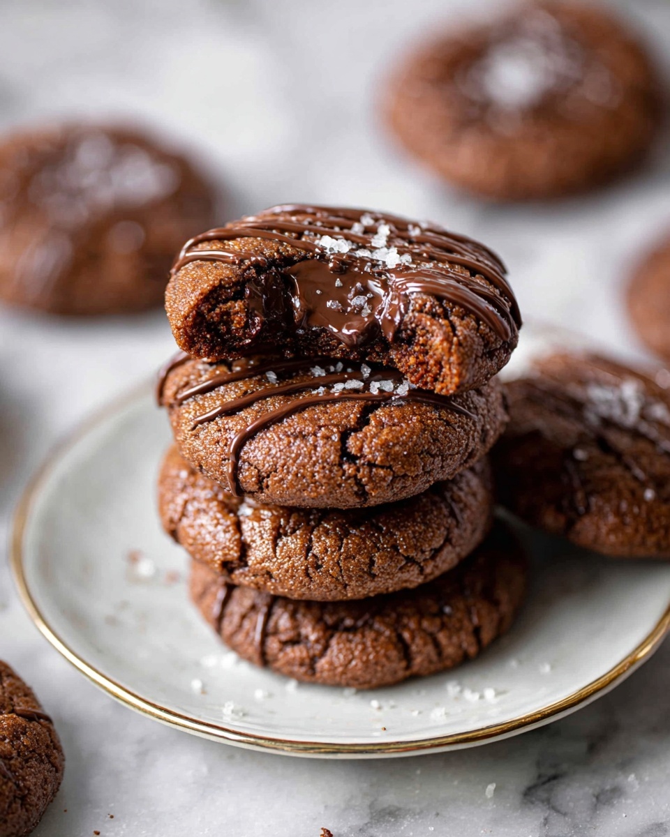 A stack of four brown chocolate cookies sits on a white plate with a thin gold rim, placed on a white marbled surface. The top cookie is bitten to show a soft, melted dark chocolate center with a slightly rough texture. Each cookie is drizzled with thin lines of melted chocolate and sprinkled with a few coarse grains of white salt, giving a textured look to their surfaces. Around the plate, a few more similar cookies lie scattered, blurred softly in the background. Photo taken with an iphone --ar 4:5 --v 7