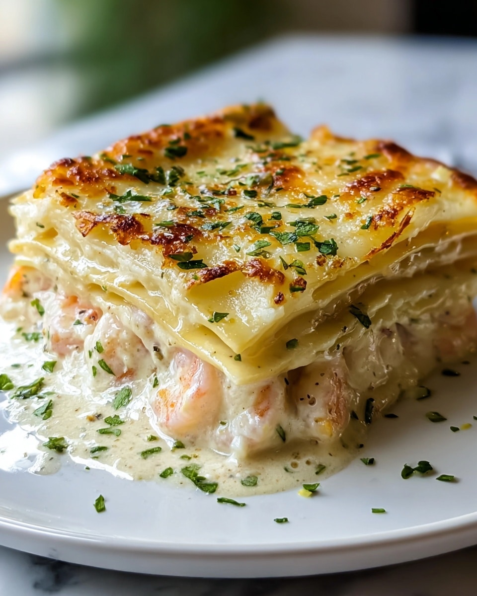 A thick, creamy lasagna with multiple layers of soft yellow pasta sheets stacked evenly, filled with smooth white cheese sauce mixed with small bits of shrimp inside. The top layer has melted golden cheese with a few browned spots and several whole pink shrimp arranged evenly. The dish is sprinkled with green herbs on top, served in a white rectangular baking dish resting on a white marbled surface. photo taken with an iphone --ar 4:5 --v 7
