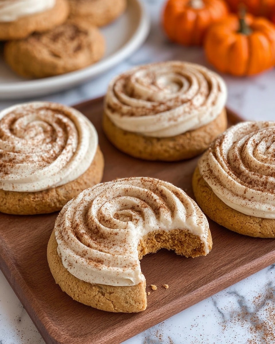 The image shows four round cookies with a light brown base layer that looks soft and slightly crumbly. On top of each cookie is a thick spiral of cream-colored frosting with a dusting of brown powder, likely cinnamon, giving it a textured look. One cookie is missing a bite, showing the moist inside of the base layer. The cookies are placed on a wooden board with a white marbled surface underneath. In the background, there is a white plate with more cookies and two small orange pumpkins. Photo taken with an iphone --ar 4:5 --v 7