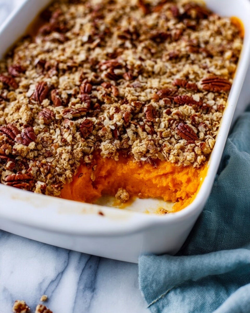 A white baking dish filled with a layered sweet potato casserole, where the bottom layer is a smooth, bright orange sweet potato mixture. The top layer is a crumbly, golden-brown topping made of oats and whole pecans, creating a rough and textured surface. A portion of the casserole has been scooped out from one corner, revealing the contrast between the soft orange filling and the crunchy topping. The dish is set on a white marbled surface, with a light blue cloth partially visible nearby. Photo taken with an iphone --ar 4:5 --v 7
