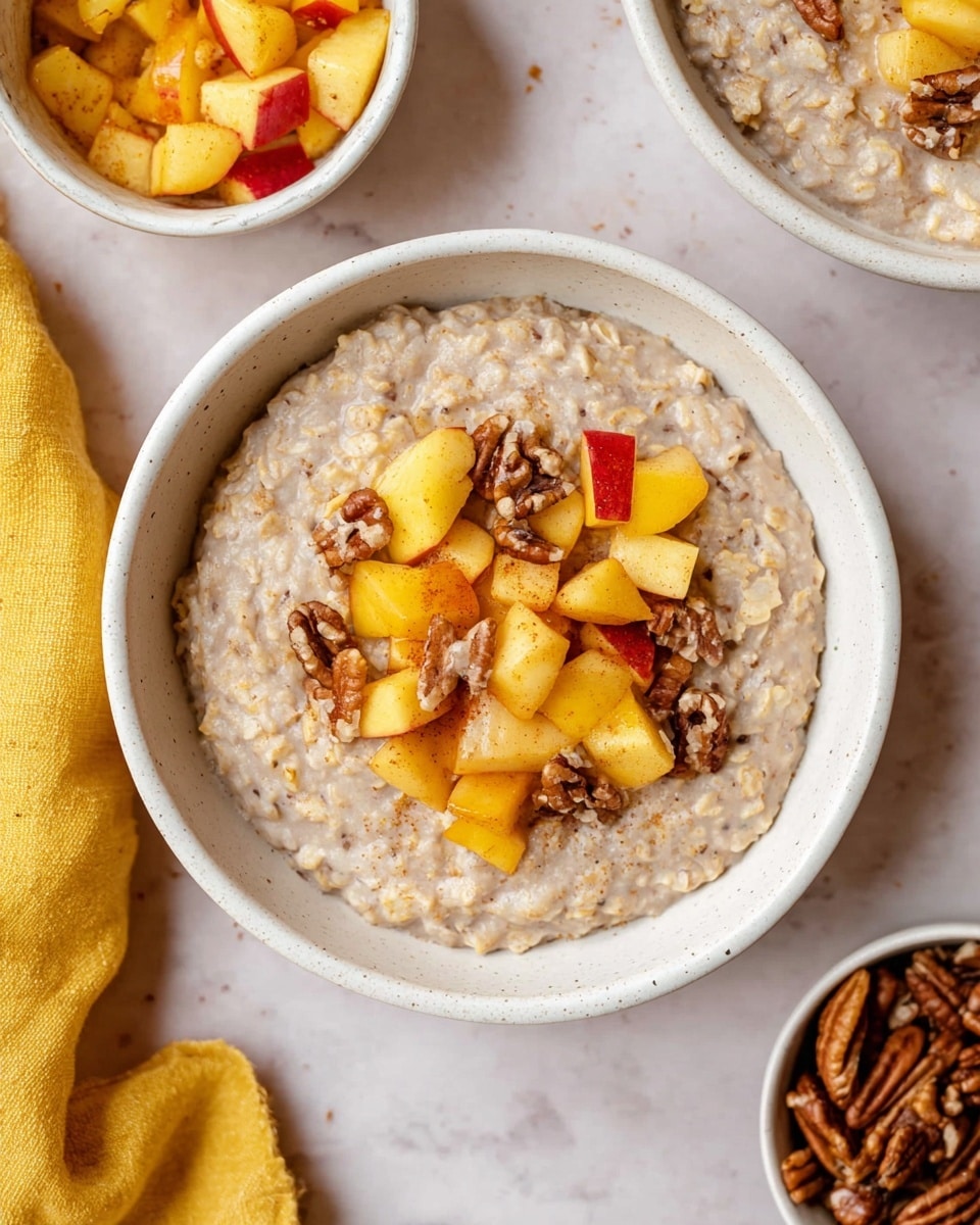 A white bowl filled with creamy beige oatmeal forms the bottom layer, with a thick and slightly chunky texture. On top of the oatmeal, there is a small pile of diced fruit pieces, mainly apple, in yellow and light red colors, mixed with a few brown nuts scattered throughout. The fruit and nuts look glossy, as if coated with a syrup or sauce. The bowl is placed on a white marbled surface, with a yellow lemon wedge and some oatmeal flakes casually scattered nearby. Photo taken with an iphone --ar 4:5 --v 7