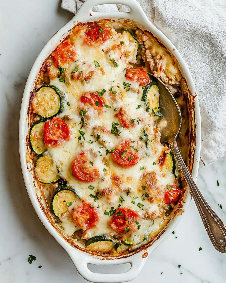 The dish is a baked casserole in a white oval ceramic dish, filled with multiple layers. The bottom layer is a thick sauce with a yellowish tint, partially visible around the edges. On top of that are slices of cooked zucchini, light green with darker green skin, positioned evenly across the dish. Scattered red pieces of cooked tomatoes add bright color contrast throughout the layers. The top layer is melted cheese, golden brown and slightly bubbly, covering all the vegetables and sauce, with some crispy browned spots. On the right side of the dish is an ornate silver serving spoon, partially sunk into the casserole. The casserole is placed on a white marbled surface with a blue and white striped cloth in the top left corner. Photo taken with an iphone --ar 4:5 --v 6.1