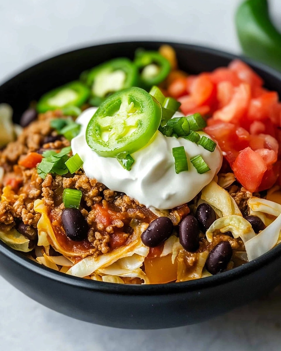 A black bowl holds a dish with three main layers. The bottom layer is cooked ground meat mixed with soft pieces of cabbage, both in light brown and yellowish shades. Scattered black beans are mixed throughout this base layer. On top of this is a dollop of white sour cream slightly melting. Fresh tomato slices in bright red rest on one side of the sour cream, while thin green jalapeño slices and chopped green onions are sprinkled on top, adding color contrast. The bowl sits on a white marbled surface. Photo taken with an iphone --ar 4:5 --v 6.1