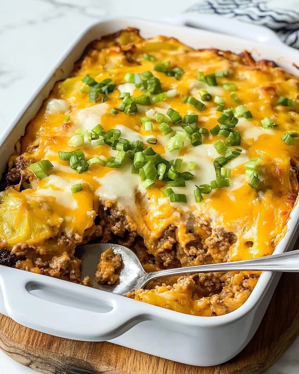 A white rectangular baking dish filled with a casserole that has three visible layers: the bottom layer is a mixture of cooked ground meat and soft potatoes, the middle layer is covered with melted cheddar and white cheese scattered unevenly, while the top layer is sprinkled with chopped green onions adding a fresh green color contrast. A silver spoon rests inside the dish, partially submerged in the cheesy layers. The dish sits on a wooden board with a white marbled background, and the photo looks bright and warm, taken with an iphone --ar 4:5 --v 6.1