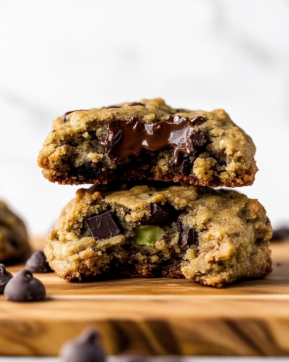A close-up image of a stack of three chocolate chip cookies on a wooden surface with a white marbled texture background. The bottom cookie looks thick and dense with visible bits of oats and melted chocolate chips throughout, showing a rough, chewy texture. The middle layer cookie is broken in half, displaying a moist, soft inside filled with dark chocolate chunks and small green flecks, possibly from zucchini. The top cookie half reveals a crumbly, slightly crunchy top with two prominent glossy chocolate chips poking out. The colors range from golden brown to dark brown (chocolate), with the green hints adding a fresh touch. photo taken with an iphone --ar 4:5 --v 6.1