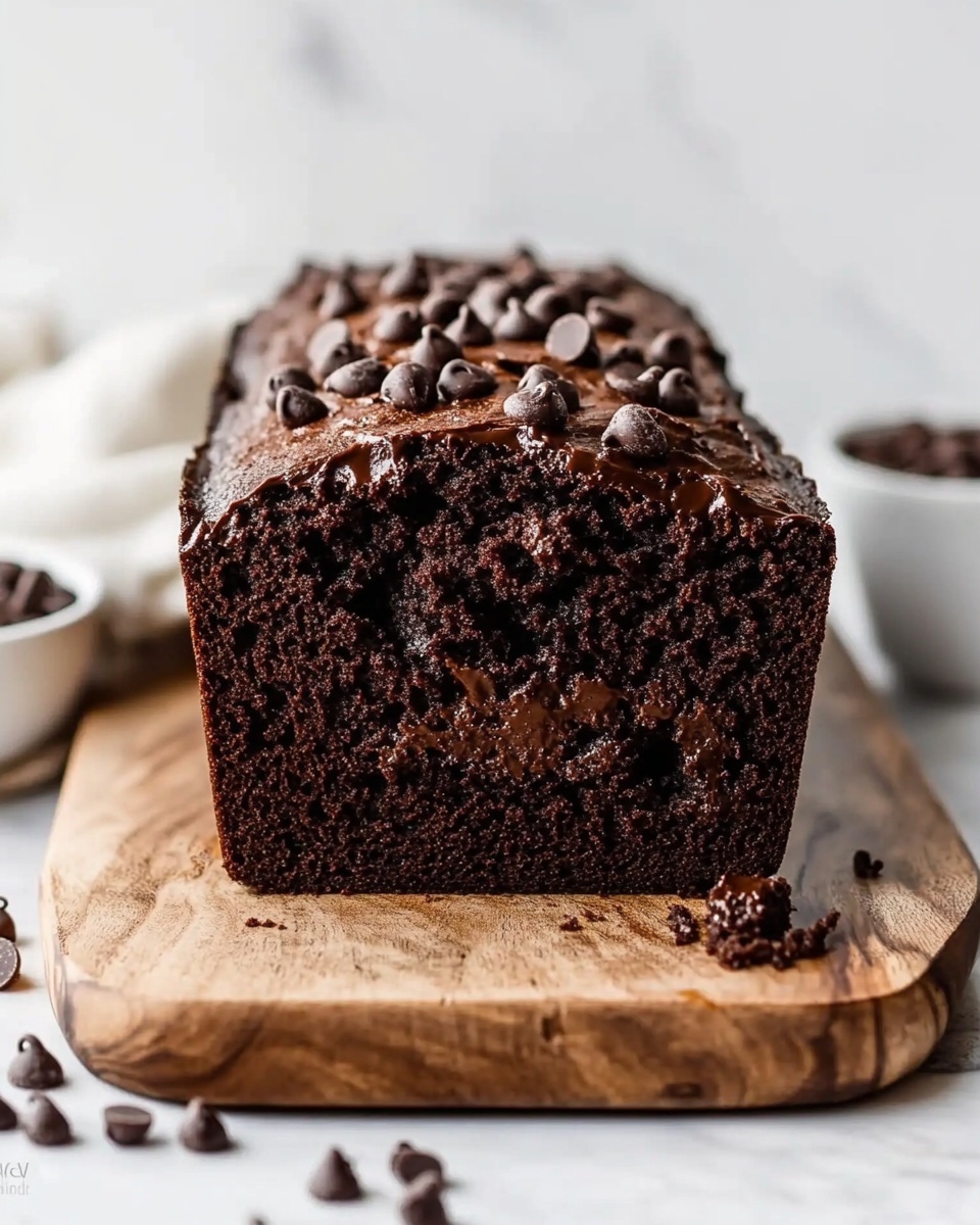 The image shows a thick loaf of chocolate cake sliced open, revealing its moist, dark brown interior with a slightly crumbly texture. The top layer is studded with small chocolate chips that add texture and depth. The cake sits on a wooden board placed on a white marbled surface, with a small white bowl holding extra chocolate chips to the side. The background is simple and light, keeping focus on the rich, dense cake. Photo taken with an iphone --ar 4:5 --v 6.1