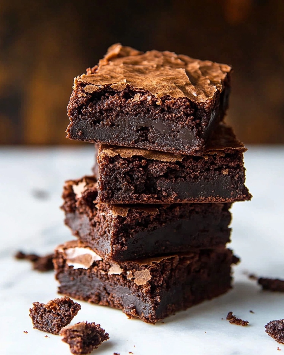 A stack of five thick, square brownies sits on a white marble surface, each brownie showing a rich, dark brown color with a slightly shiny top layer. The brownies have a dense, moist texture, with large chunks of chocolate evenly distributed inside. Some crumbs are scattered around the base. The background is a soft, warm wooden texture softly blurred, making the brownies the focus of the image. photo taken with an iphone --ar 4:5 --v 6.1