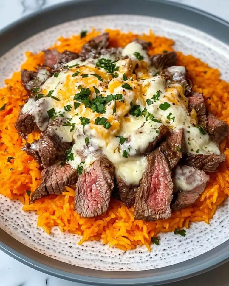 Steak Queso Rice Bowl with Garlic-Spiced Beef and Creamy Cheddar Sauce Recipe