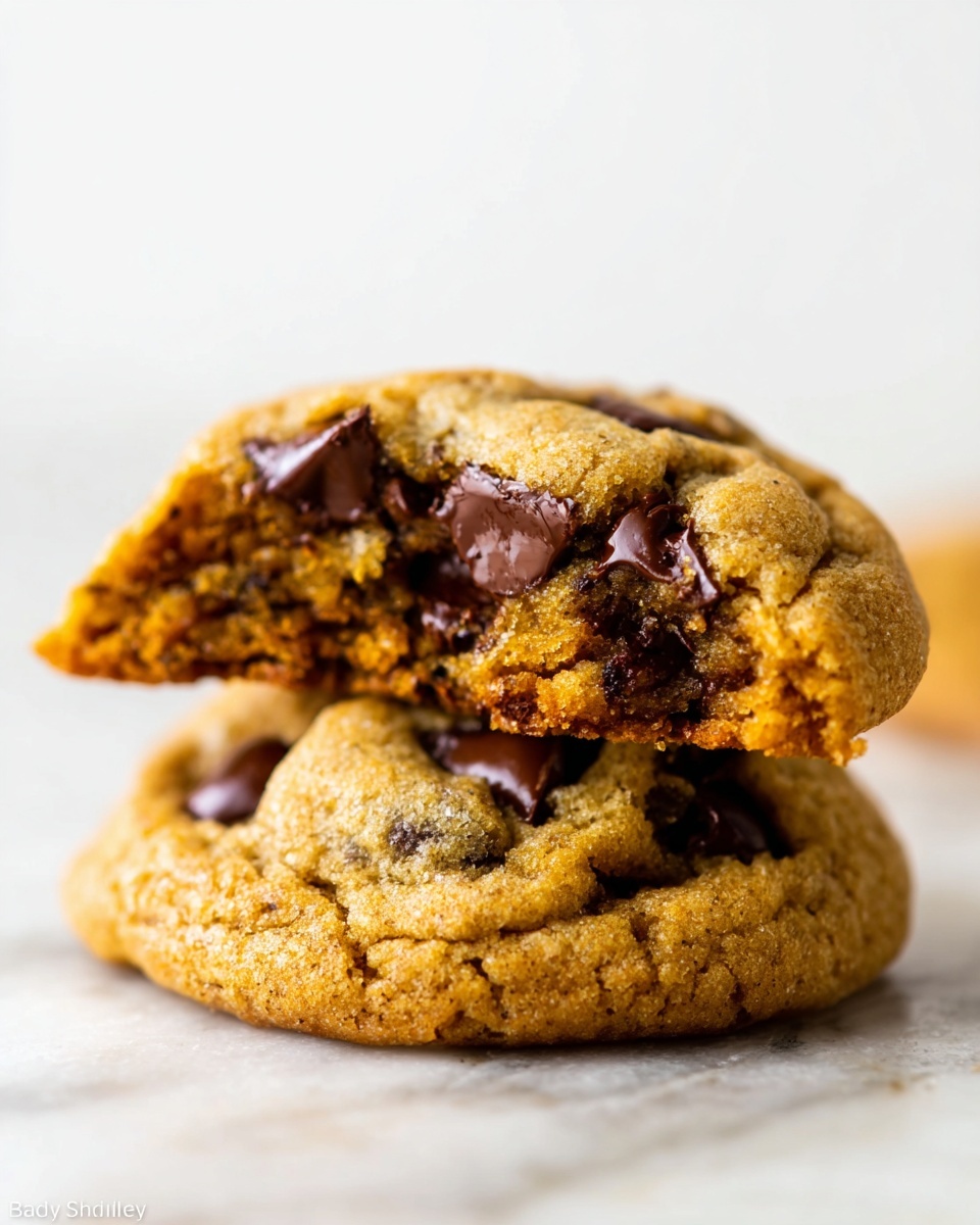 The image shows a close-up of two chocolate chip cookies stacked on a white marbled surface. The bottom cookie is whole, with a golden-brown, slightly rough texture and visible dark chocolate chips melting into the dough. The top cookie is broken in half and placed on the bottom one, showing a soft and chewy inside with chunks of melted chocolate embedded deeply in the light brown dough. The cookies have a warm, inviting color mix of golden, brown, and dark chocolate. The background is simple and white, making the cookies the center of attention. photo taken with an iphone --ar 4:5 --v 7