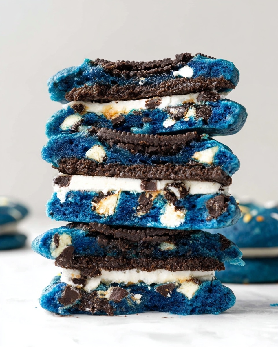 A cluster of bright blue cookies with a soft and slightly bumpy texture lies on a white marbled surface. Each cookie is topped with chunks of dark brown chocolate cookies and lighter brown cookie pieces, scattered unevenly on top. Two small white candy eyes with black dots in the center are placed on each cookie, adding a playful look. The cookies overlap each other creating a casual pile. The blue color is vivid and contrasts sharply with the white marbled background and toppings. Photo taken with an iphone --ar 4:5 --v 7