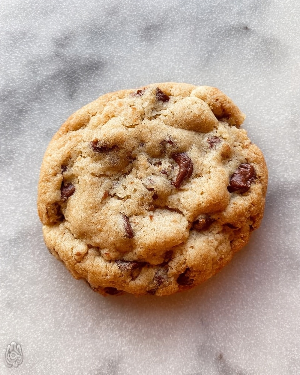 The image shows two thick, soft chocolate chip cookies stacked on top of each other on a white marbled surface. The top cookie is broken in half, revealing a gooey layer of melted dark chocolate inside. The cookie dough is light golden brown with a slightly crisp edge and darker chocolate chunks scattered throughout. The texture looks chewy and rich, with the melted chocolate shining against the dough. In the background, there are more broken cookie pieces, slightly blurred to keep focus on the stacked cookies. Photo taken with an iphone --ar 4:5 --v 7