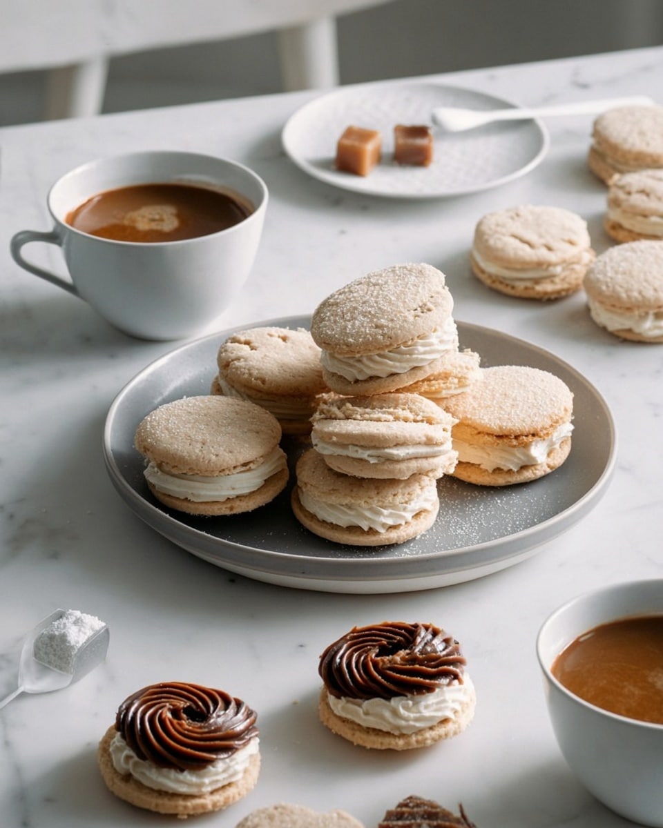 A round gray plate sits on a white marbled surface, holding a pile of sandwich cookies made of two light beige round biscuits with a thick layer of white filling in the middle. Around the plate, there are more individual cookies, some just the light beige biscuit topped with swirls of dark caramel cream. There are two white cups with frothy coffee, one on the surface near the plate and one slightly farther away on a white saucer with two brown sugar cubes placed on it. In the background, a white spoon with white powder is visible on the corner of the white marbled surface, creating a clean and soft cozy mood. photo taken with an iphone --ar 4:5 --v 7