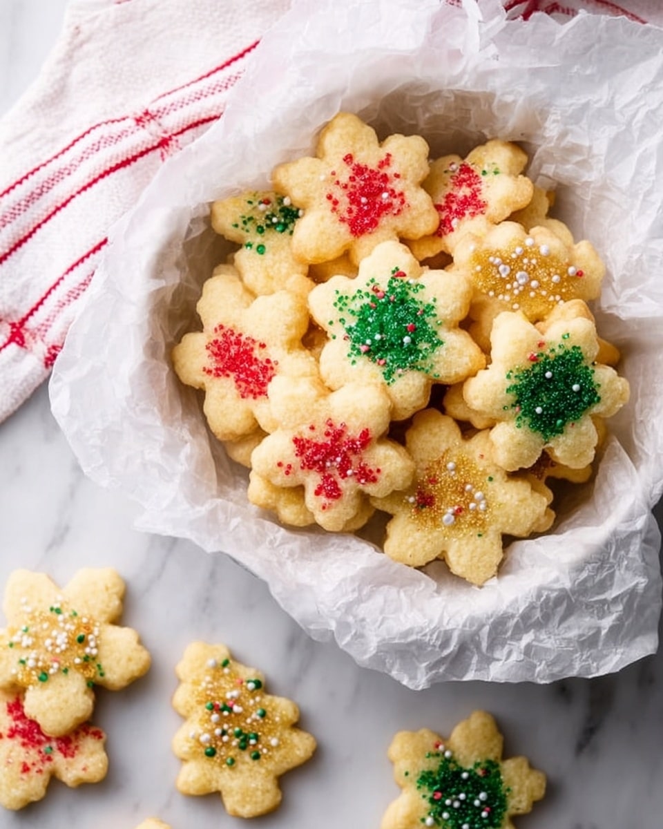 A silver baking tray holds twelve unbaked cookies arranged in four rows of three, placed on a white marbled surface. The top row has three pale yellow cookies shaped like bears, each with a sprinkle of white sugar on top. The second row features three flower-shaped cookies with red sugar glitter on them. The third row shows three star-shaped cookies covered with white sugar crystals. The bottom row presents three Christmas tree-shaped cookies decorated with a sprinkle of green sugar. The overall look is soft and neat, with the cookies evenly spaced on the tray. Photo taken with an iphone --ar 4:5 --v 7