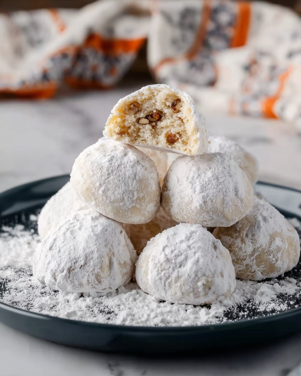 A small pile of round white snowball cookies covered in powdered sugar sits on a white plate with a shiny black small plate underneath on a white marbled surface. One cookie is broken in half and placed on top, revealing a light tan interior with small nut pieces inside. Powdered sugar is also lightly sprinkled around the plate edges. A white cloth with gray and orange patterns is softly blurred in the background. Photo taken with an iphone --ar 4:5 --v 7