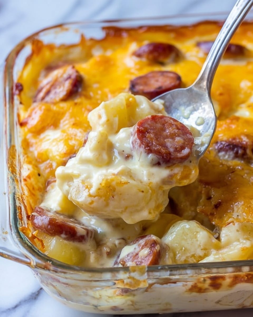 The image shows a close-up of a cheesy casserole dish in a clear glass baking dish on a white marbled surface. The casserole has multiple layers: the top layer is melted golden-yellow cheese with a slightly bubbly texture. Below this is a thick creamy layer of white sauce mixed with chunks of light yellow potatoes and slices of browned sausage, which are round and have a reddish-brown color. A silver spoon is scooping a portion from the dish, revealing the creamy, hearty inside. The edges of the casserole show a mix of cheese and sauce bubbling along the sides. photo taken with an iphone --ar 4:5 --v 7