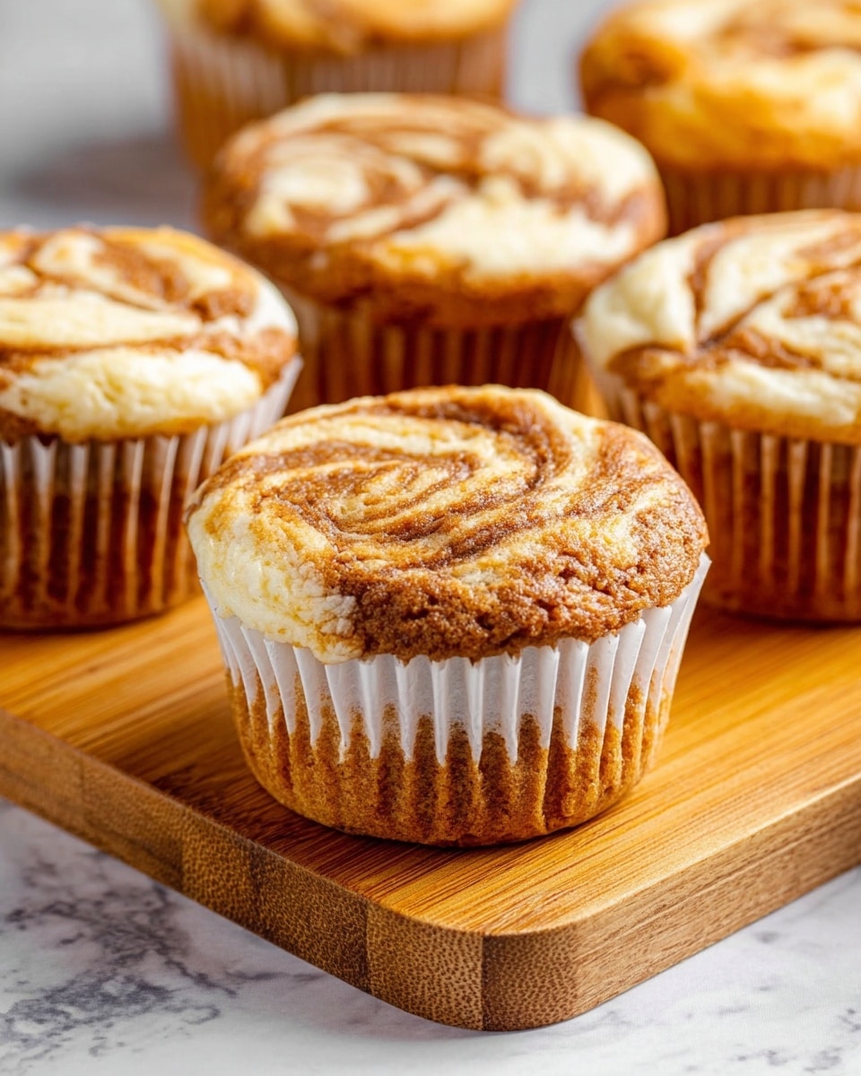 A single cinnamon swirl muffin with a golden brown base and a creamy light beige swirled top sits on a white plate with the paper liner partially peeled off, showing the textured crumb. In the background, out of focus, are two more muffins with similar colors and a tall glass mug filled with hot chocolate, all placed on a white marbled surface. The lighting highlights the soft, moist texture of the muffin and the gentle swirl pattern on top. photo taken with an iphone --ar 4:5 --v 7
