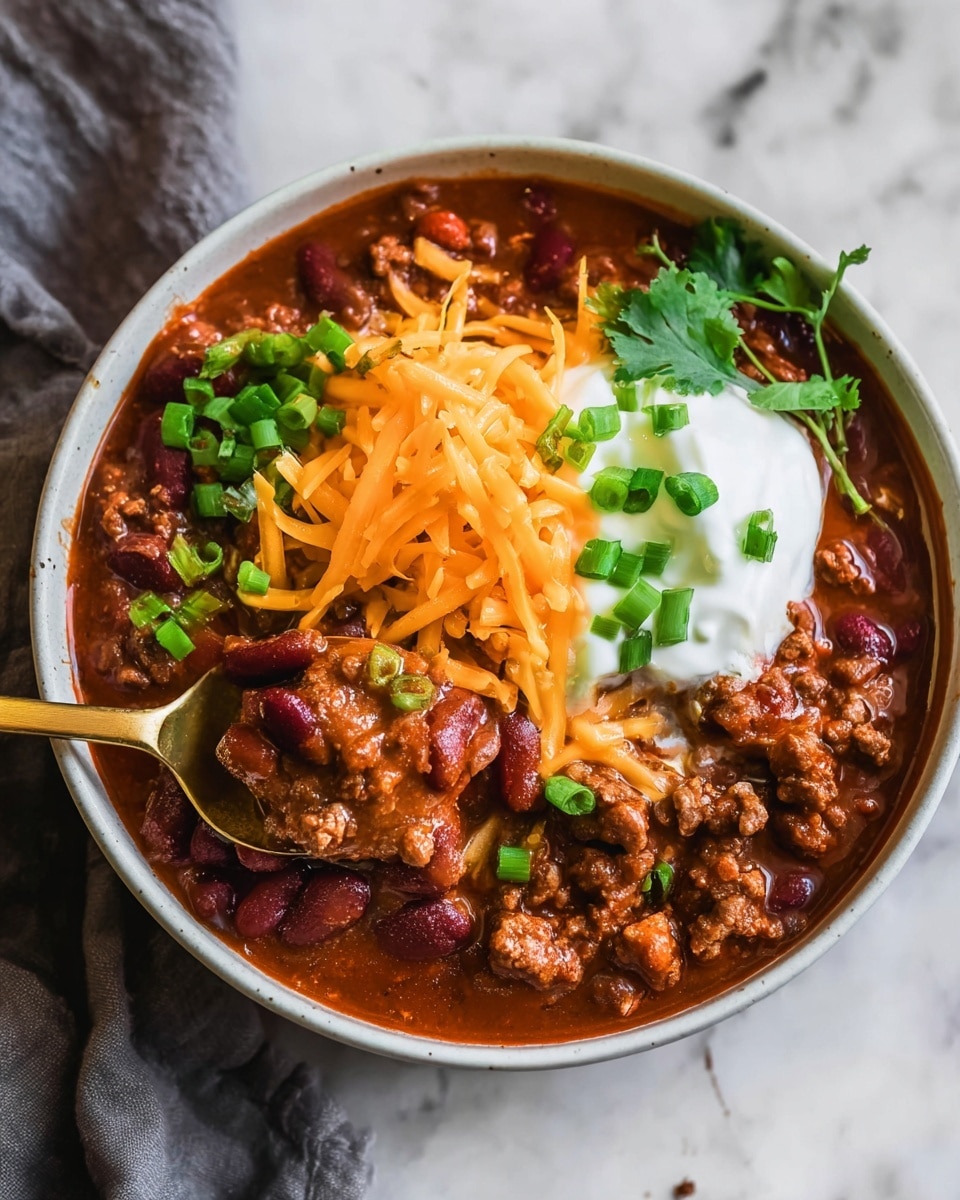 A bowl of thick chili is filled with dark red kidney beans and ground meat in a rich brown sauce. On top, there is a thick layer of shredded orange cheddar cheese arranged in the center, with a large dollop of white sour cream beside it, topped with small green onion slices. The chili is garnished with chopped green onions and a sprig of fresh green cilantro on the side. A gold spoon rests inside the bowl, lifting some chili with cheese and sour cream. The bowl is white and placed on a white marbled surface. Photo taken with an iphone --ar 4:5 --v 7