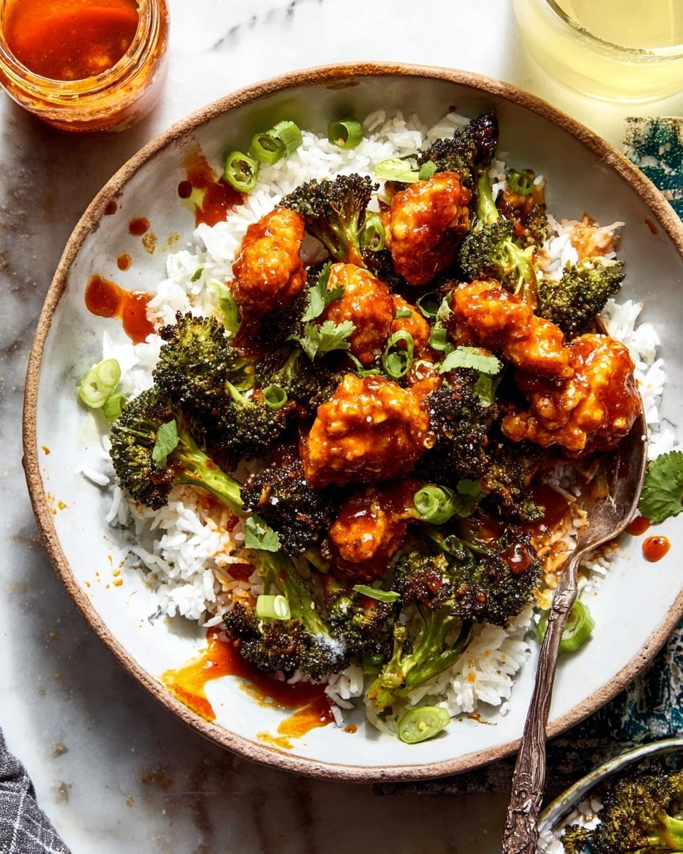 The dish is arranged in a white bowl with a textured surface. At the bottom is a layer of fluffy white rice, visible around the edges and under the toppings. On top of the rice, there are several pieces of dark golden-brown crispy fried chicken, coated in a shiny red sauce that looks thick and smooth. Around the chicken, there are green broccoli florets that appear roasted, with some parts slightly darker. The dish is sprinkled with small slices of light green scallions and a few fresh green cilantro leaves. Some white sauce is drizzled lightly over the chicken, adding contrast. A silver fork rests on the right side of the bowl, its prongs touching the chicken. The bowl sits on a white marbled surface with a few drops of sauce nearby. Photo taken with an iphone --ar 4:5 --v 7