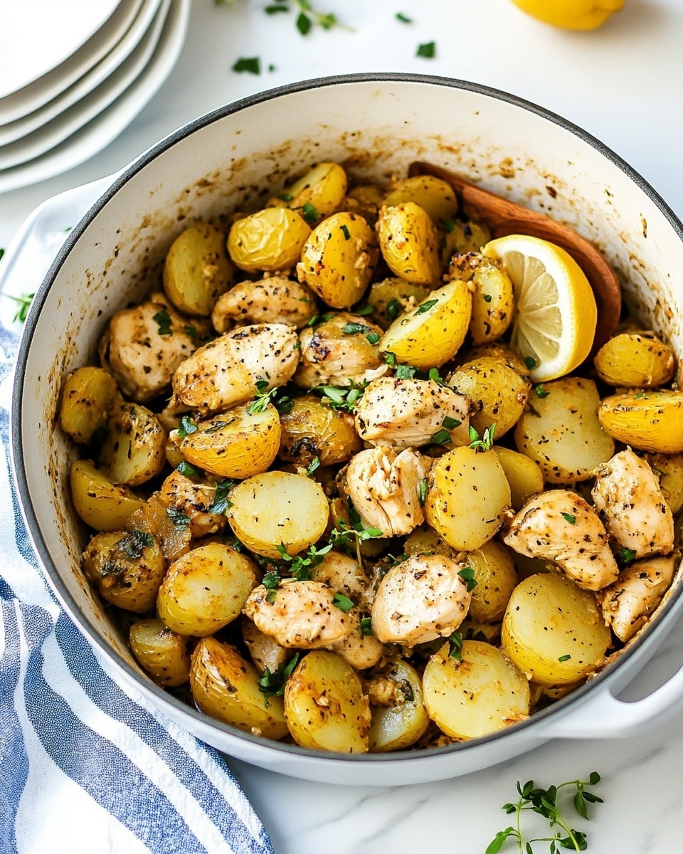 This image shows a close-up of a dish with two main layers: the first layer is made of small, golden-yellow potato halves with a slightly crispy texture on the edges, spread evenly around the image and on a spoon; the second layer consists of light beige chicken pieces, seasoned with herbs and spices, scattered among the potatoes. Fresh green herb leaves are sprinkled on top, giving a touch of color and freshness. The food sits inside a light-colored pot with a smooth interior, and the whole scene is set against a white marbled surface. A silver spoon holds some of the chicken and potato pieces. photo taken with an iphone --ar 4:5 --v 6.1