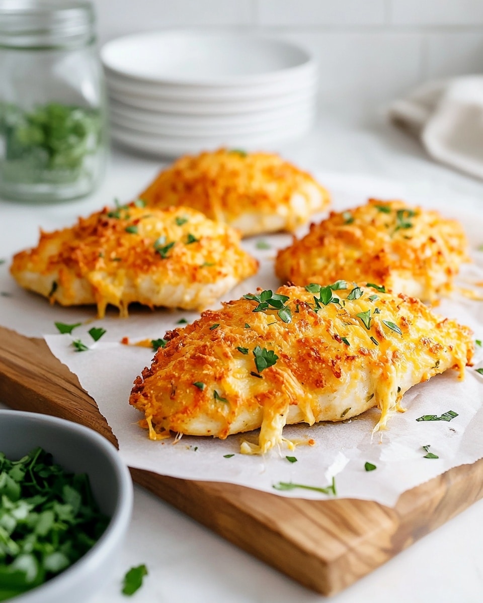 Three pieces of chicken covered with a golden, crispy layer of shredded cheese and small green herb bits sit on white parchment paper over a wooden board. The chicken pieces are arranged in a diagonal line, leading from the front right to the back left, with the nearest piece in focus and detailed with a light crispy texture, while the others are softly blurred. Around the board, small green herb pieces are scattered. In the background, there is a stack of white plates and a glass jar with green herbs on a white marbled surface, along with a small grey bowl filled with chopped green herbs in the foreground. Photo taken with an iphone --ar 4:5 --v 6.1