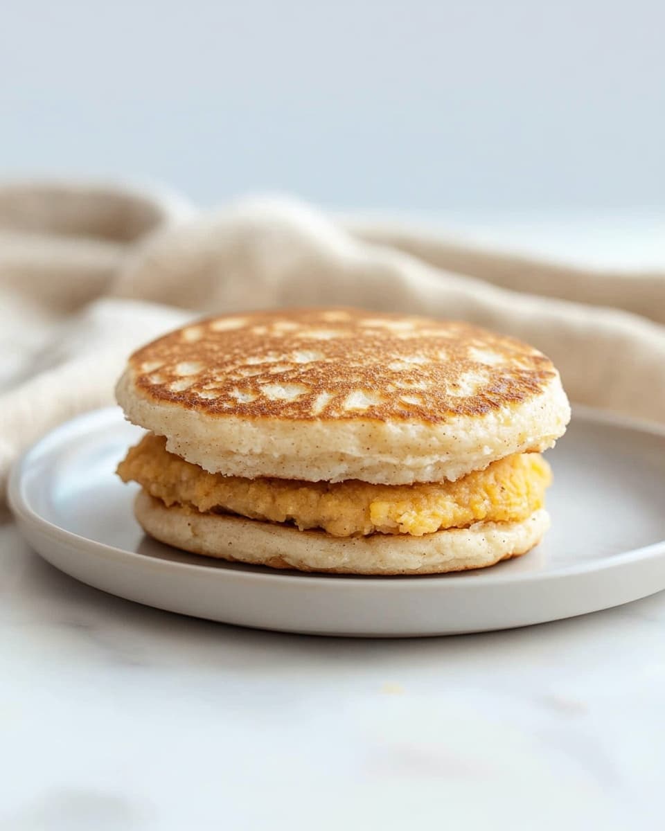 A sandwich sits on a white plate resting on a beige cloth over a white marble surface. It has two golden brown soft pancakes as the top and bottom layers with a light texture and small fluffy holes. Between them is a thick, cooked patty that looks crispy and slightly rough with golden and light brown colors. The background is softly blurred with warm tones, highlighting the sandwich in the middle. Photo taken with an iphone --ar 4:5 --v 6.1