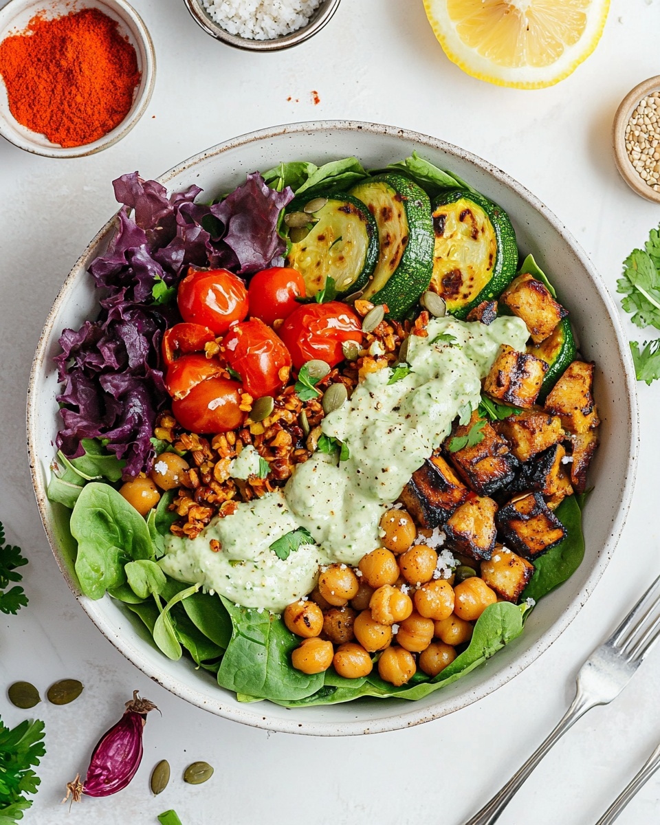 The dish is a layered bowl with a base of mixed fresh green leaves including spinach and purple lettuce on the left side, topped with golden roasted chickpeas beside it. There are grilled mixed vegetables like zucchini, red bell peppers, and cherry tomatoes adding bright red and green colors near the chickpeas. On the right side, there is a portion of cooked brown lentils. The whole bowl is drizzled with a creamy, pale green sauce, scattered with small white crumbles, pumpkin seeds, and some fresh green parsley leaves on top. The bowl is white and placed on a white marbled surface, with small bowls of red spice and sliced green onion nearby, a halved lemon at the bottom, and two silver forks on the right. Photo taken with an iphone --ar 4:5 --v 6.1