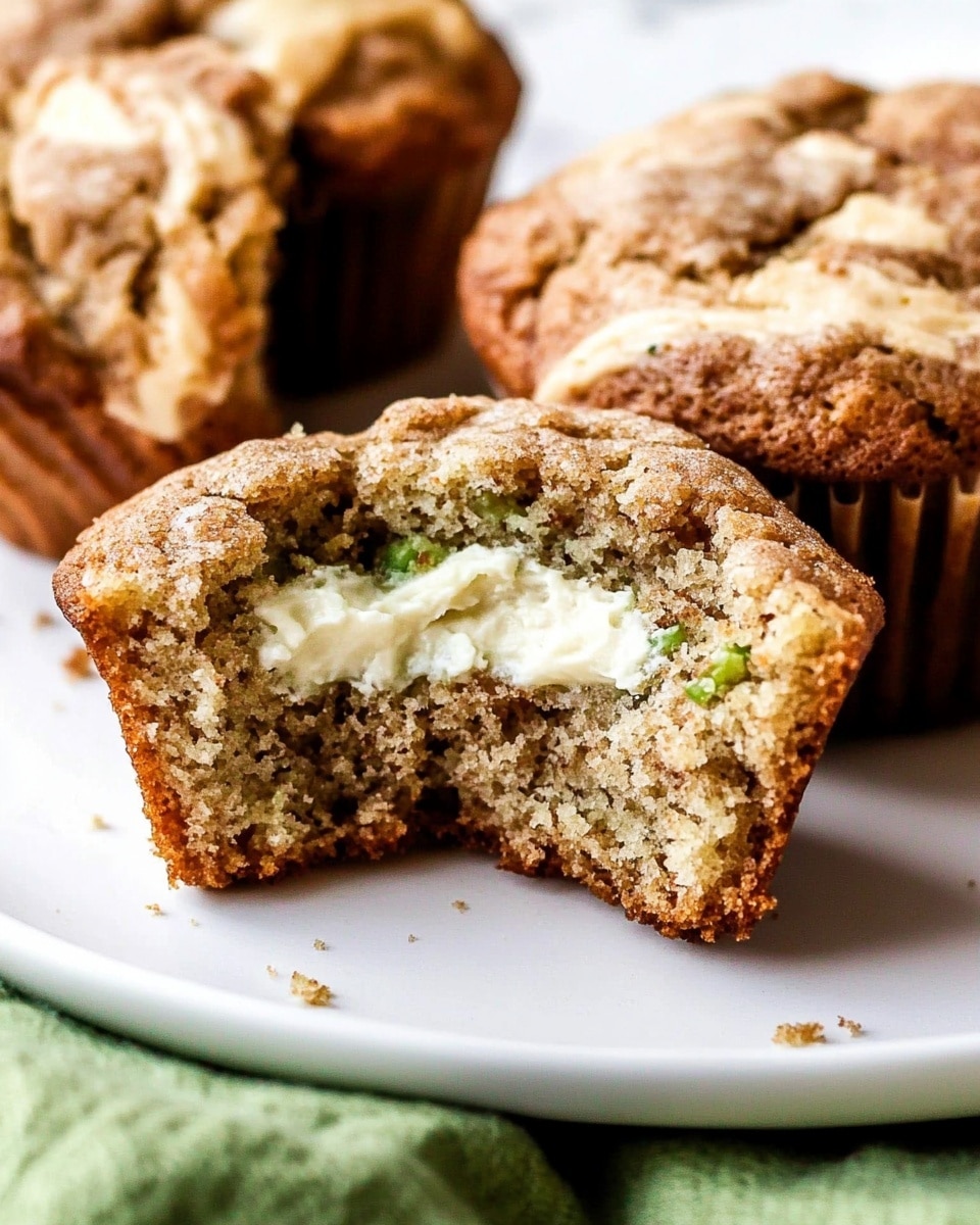 Three brown muffins with a sugar topping are stacked in a vertical line on a white marbled surface. Each muffin has a slightly rough texture with visible bits of what appears to be filling inside. The bottom muffin rests on a beige baking cup that is slightly opened. To the left, a muffin is cut in half revealing a creamy white filling inside the brown crumb. In the foreground to the right, there are small white flowers with yellow centers. In the background, blurred brown muffins and a green object are visible. Photo taken with an iphone --ar 4:5 --v 6.1