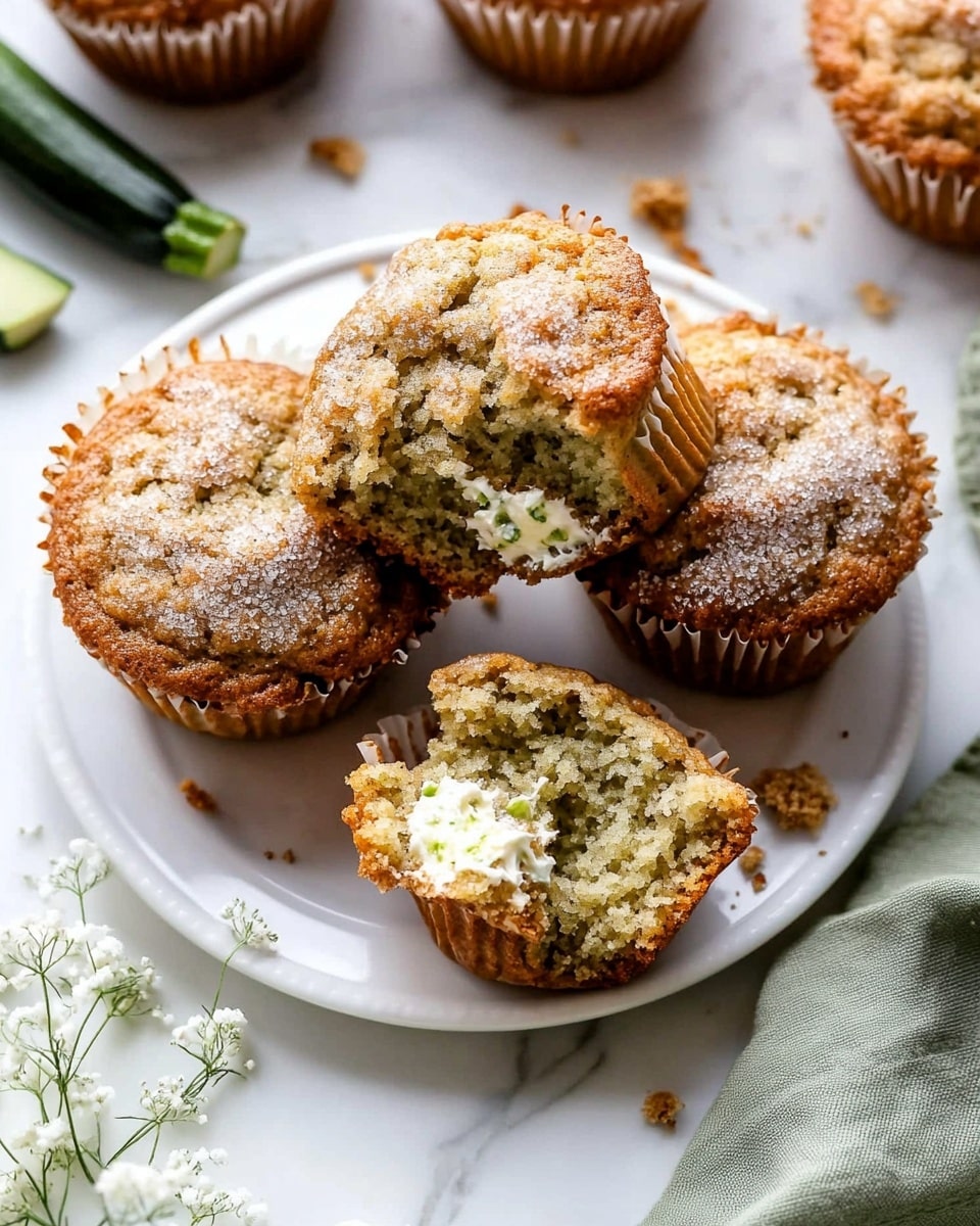 A white plate holds three muffins, two whole and one broken in half showing a moist, light brown inside with bits of green and white cream cheese swirled inside. The muffins have a rough, golden-brown top sprinkled with shiny sugar crystals. Around the plate, there are more whole muffins placed directly on a white marbled surface. A small green zucchini is visible near the bottom left, and a soft green cloth is partly seen on the right. A small cluster of tiny white flowers rests next to the plate, adding a gentle touch to the scene. Photo taken with an iphone --ar 4:5 --v 6.1