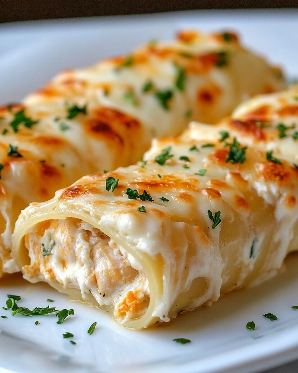 The image shows a close-up of four rolled layers of pasta filled with creamy white cheese and small pieces of light orange chicken inside. The outside pasta layer is baked to a golden brown with spots of melted cheese and sprinkled with finely chopped green herbs on top and around the rolls. The rolls are placed side by side on a white plate, which is set on a white marbled textured surface. photo taken with an iphone --ar 4:5 --v 6.1