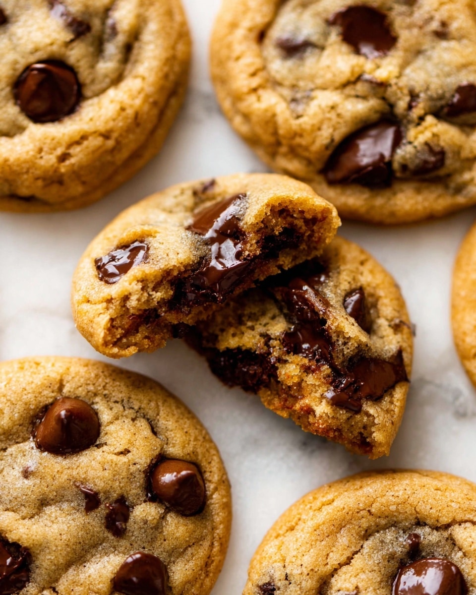 A close-up view of several soft chocolate chip cookies on a white marbled surface, with one cookie broken in half showing the warm, dark chocolate chips inside. The cookies have a light golden brown color with slightly rough texture on the outside, and large, shiny dark chocolate chips scattered on top and within. The broken halves rest on top of a whole cookie, highlighting the rich melted chocolate layers inside. Photo taken with an iphone --ar 4:5 --v 7