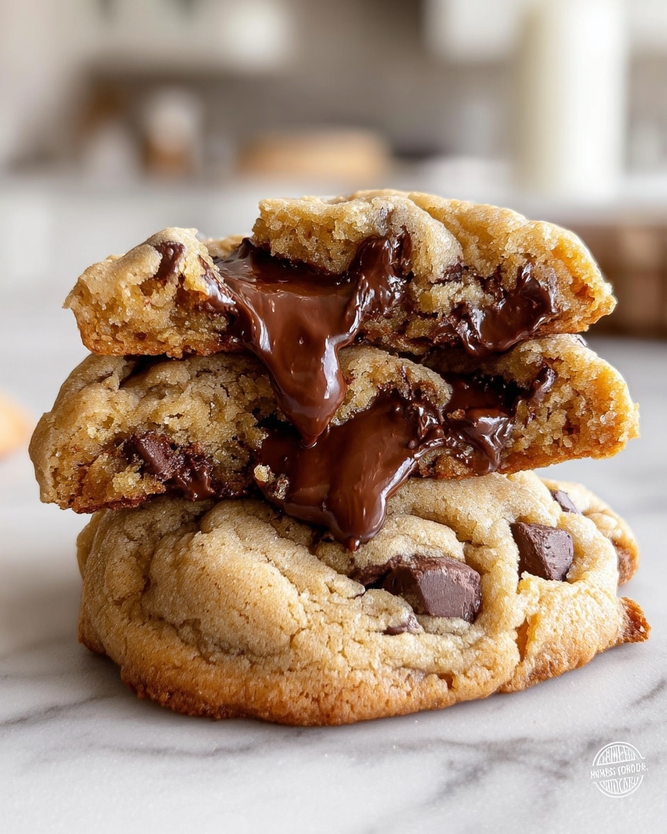 The image shows a close-up of two thick, golden brown cookies stacked on each other on a white marbled surface. The top cookie is broken in half, revealing a gooey, dark melted chocolate center that is spilling out, contrasting with the soft, slightly crumbly light brown cookie dough filled with chocolate chunks. The cookies have a textured surface with a slightly crisp edge and a soft, dense inside. The background is blurred with a white kitchen and soft lighting. Photo taken with an iphone --ar 4:5 --v 7