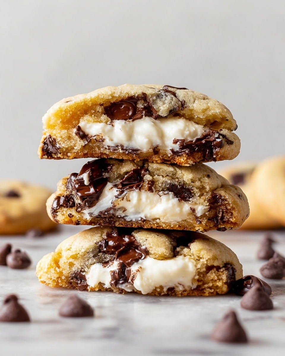 Three soft chocolate chip cookies are stacked on a white marbled surface. Each cookie has a golden-brown outer layer with visible dark melted chocolate chunks embedded in the dough. Inside, there is a thick white creamy filling in the center of each cookie. The texture of the cookie dough looks soft and slightly crumbly, while the chocolate pieces appear melted and smooth. Scattered chocolate chips lie around the stack on the white marbled surface. Photo taken with an iphone --ar 4:5 --v 7