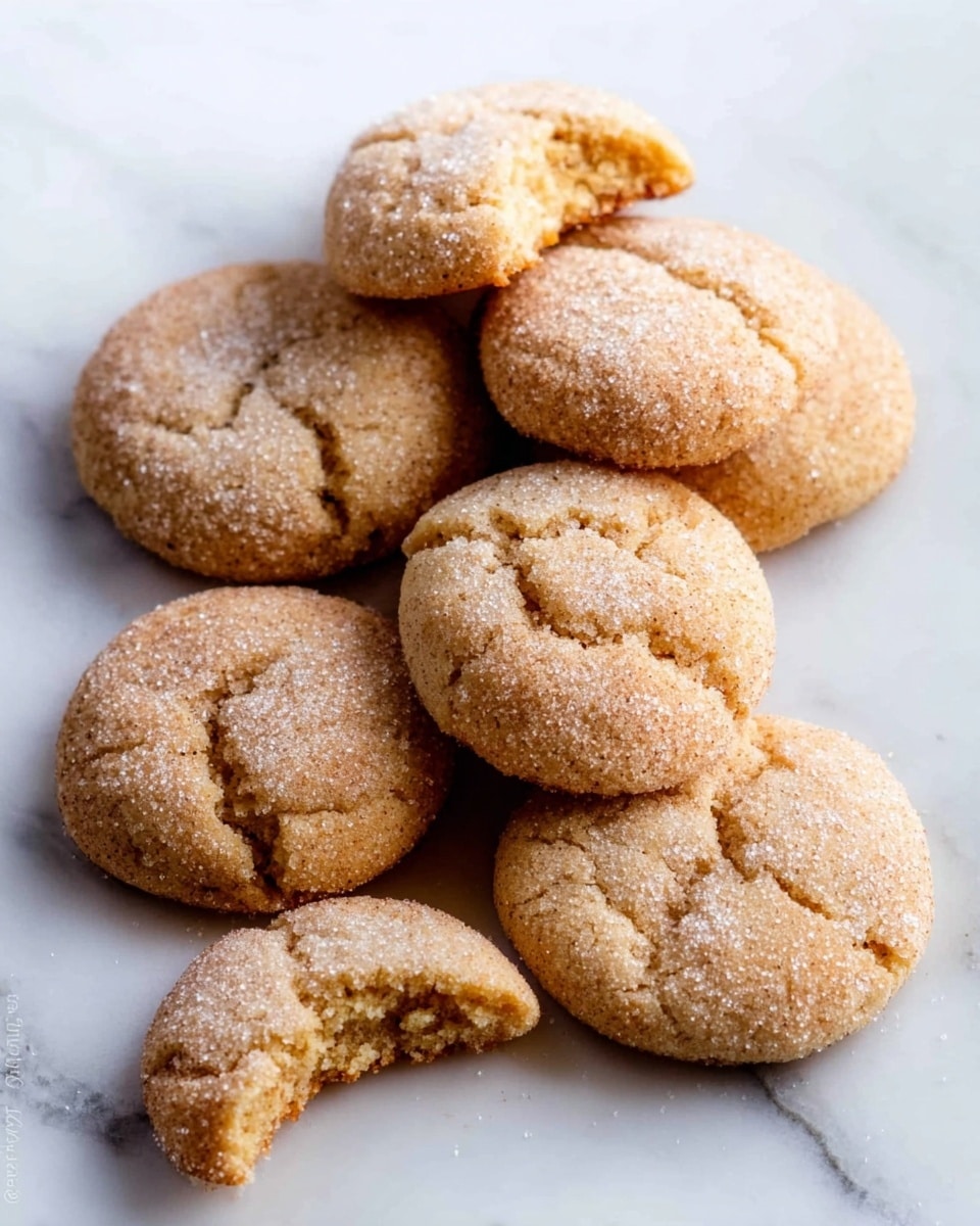 The image shows a group of round, light brown cookies with a slightly cracked surface, each dusted with a layer of fine white sugar on top. The cookies have a soft texture with subtle cracks and a golden-baked color. One cookie is broken into two pieces, revealing a soft and crumbly inside. They are placed directly on a white marbled surface, arranged in a casual cluster. The photo taken with an iphone --ar 4:5 --v 7