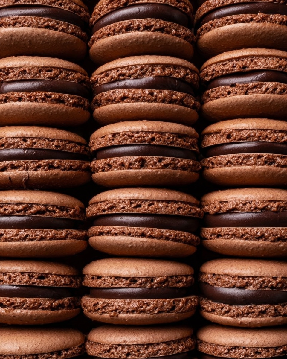 The image shows many chocolate macarons stacked tightly together in neat rows, filling the entire frame. Each macaron has two smooth, round, light brown cookie shells with a slightly rough edge texture. Between the shells, there is a thick, dark chocolate filling with a shiny, smooth surface. The macarons are uniform in size and shape, giving a very tidy and rich look. The view is close-up, showing the fine details and textures of the cookies and filling. photo taken with an iphone --ar 4:5 --v 7