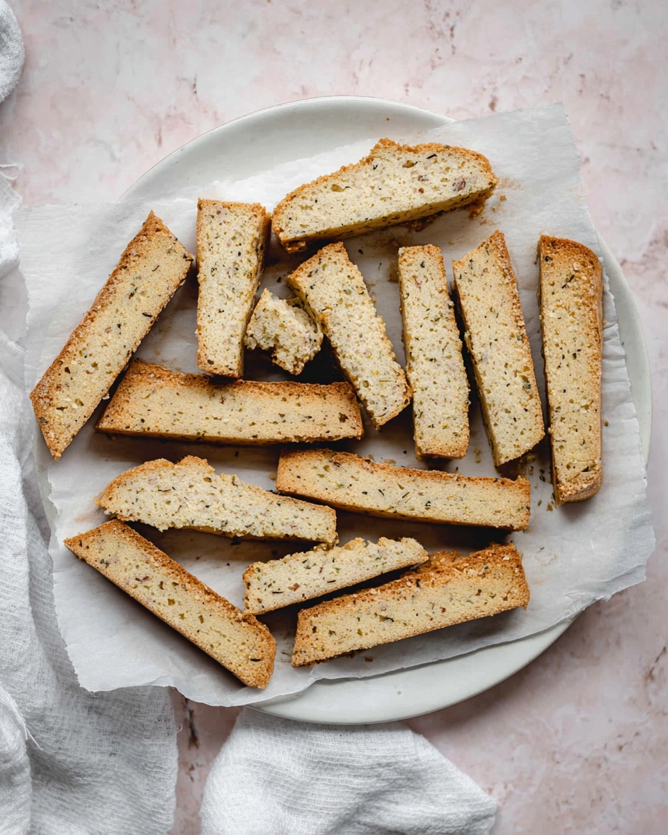 There are twelve pieces of rectangular baked biscotti with a light brown, slightly crunchy texture, and specks of herbs visible throughout. They are placed on a sheet of white parchment paper that rests on a round white plate. The plate is set on a soft white marbled surface with a folded white cloth towel partly underneath. The whole scene has a soft, natural light coming from above. Photo taken with an iphone --ar 4:5 --v 7