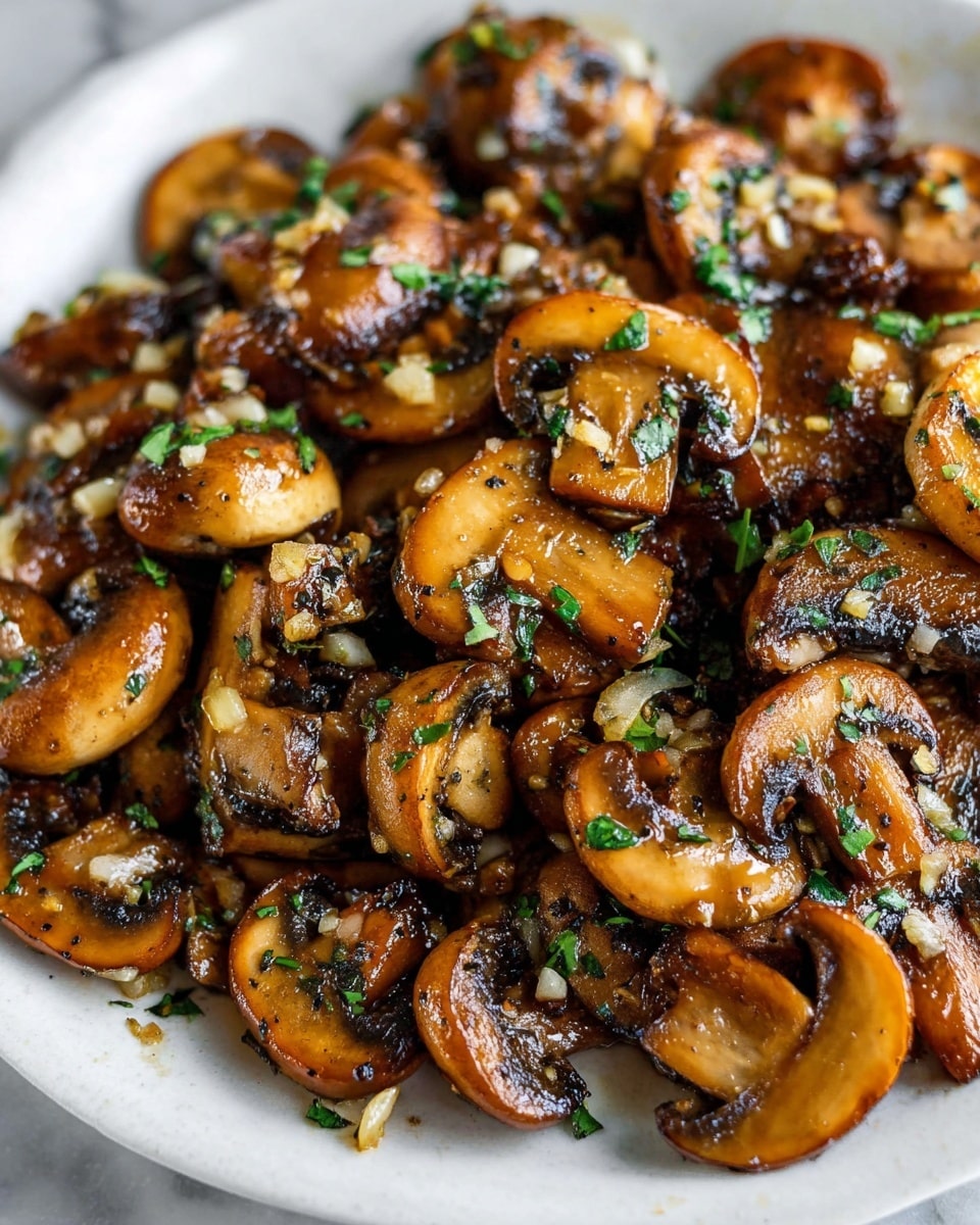 The image shows a close-up of cooked sliced mushrooms piled on a white plate, placed on a white marbled surface. The mushrooms are golden brown with a shiny, slightly oily texture, mixed with small pieces of light yellow garlic and sprinkled with fresh green herb leaves. The mushrooms vary in size and shape, creating a rich, textured look, with some darker edges and light reflecting off the glossy surface. photo taken with an iphone --ar 4:5 --v 7