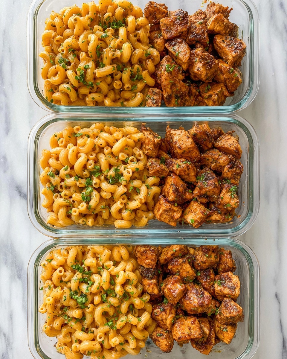 Three clear glass containers are placed vertically on a white marbled surface, each filled with two main sections. On the left side of each container is a generous portion of creamy, orange-yellow macaroni pasta with visible herbs sprinkled on top. On the right side of each container are browned pieces of seasoned chicken chunks, also topped with scattered green herbs. The contrasting colors of the orange pasta and browned chicken create a visually appealing meal. Photo taken with an iphone --ar 4:5 --v 7