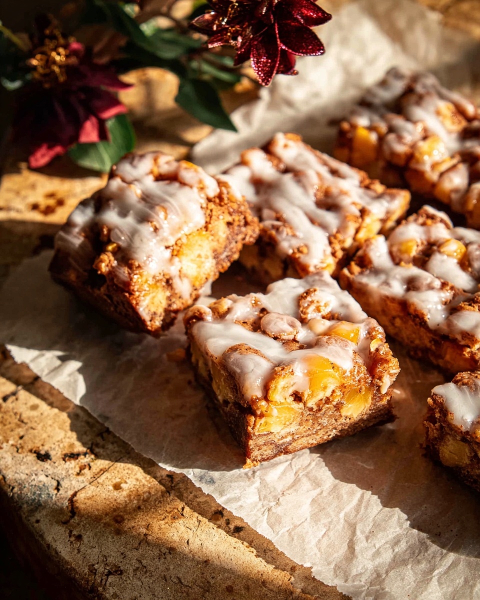 A close-up view of square dessert pieces with a dense, brown base layer filled with small chunks of golden-orange fruit spread throughout. The top layer has a light, white glaze drizzled unevenly, allowing the fruit pieces to show through. The pieces are placed on a sheet of parchment paper over a rustic white marbled surface, with sunlight casting warm highlights and shadows on the dessert. In the background, there is a small floral decoration with dark red flowers and green leaves. Photo taken with an iphone --ar 4:5 --v 7
